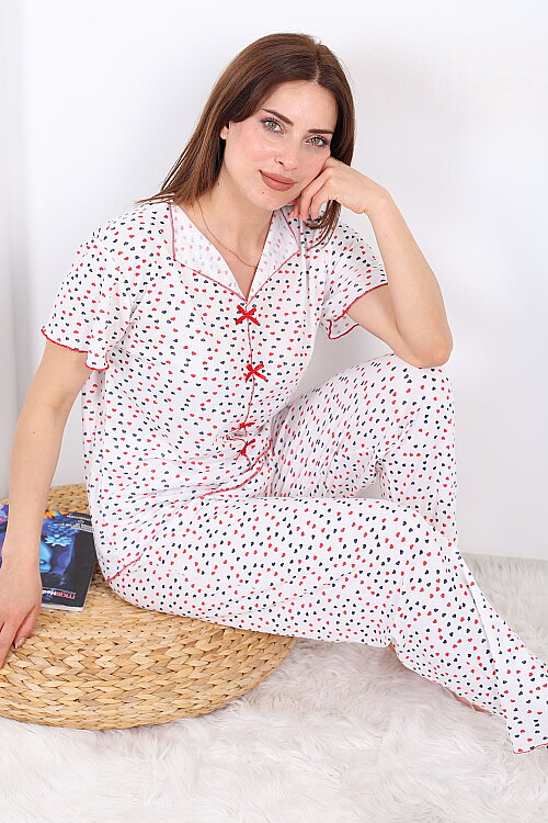 Renkli Kalp Desenli Fiyonklu Beyaz Kadın Pijama Takımı - 3