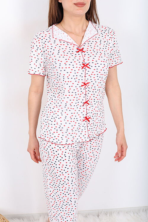 Renkli Kalp Desenli Fiyonklu Beyaz Kadın Pijama Takımı - 2