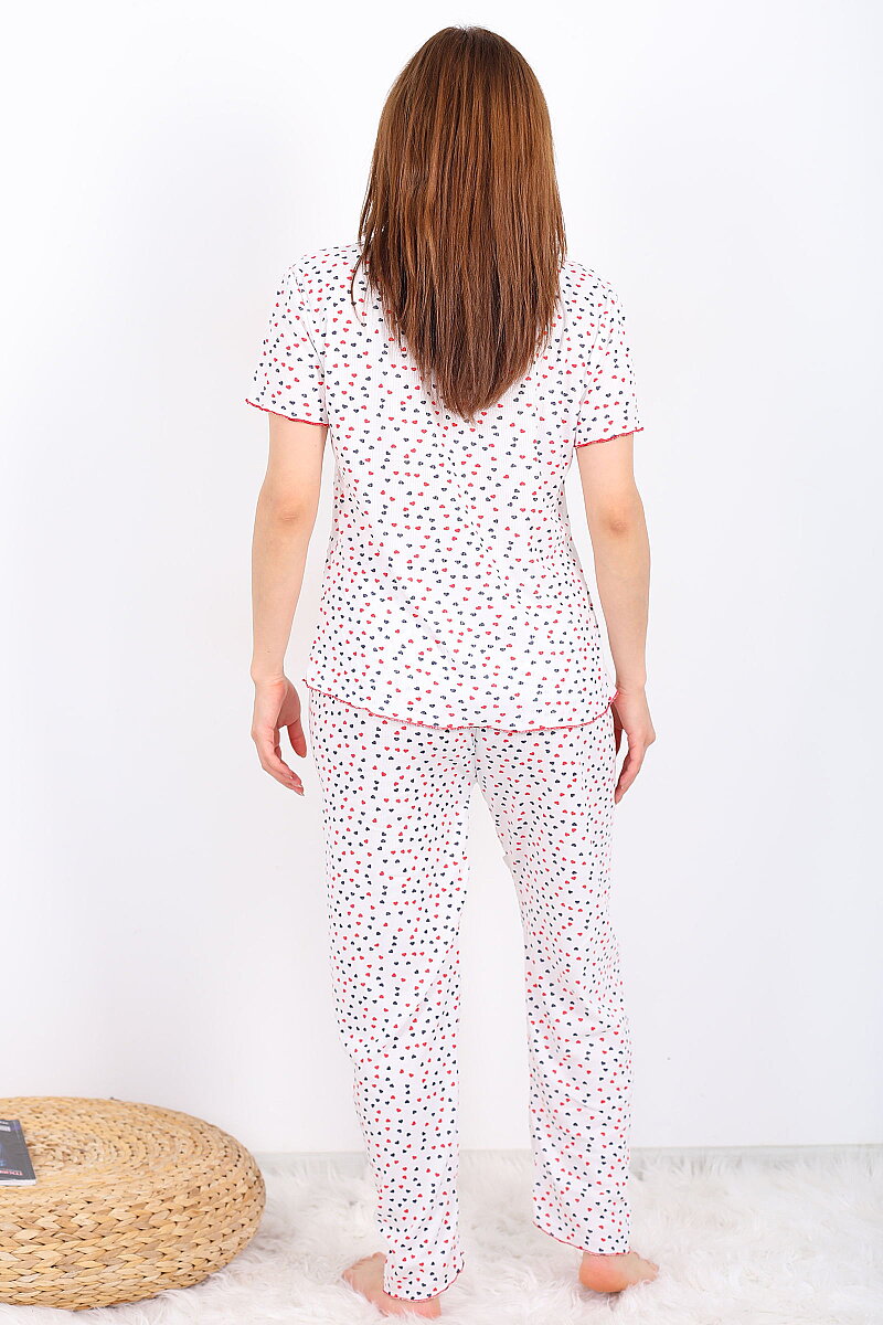 Renkli Kalp Desenli Fiyonklu Beyaz Kadın Pijama Takımı - 5