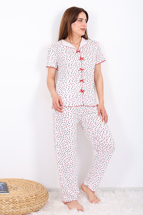 Renkli Kalp Desenli Fiyonklu Beyaz Kadın Pijama Takımı - 4