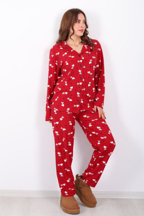 Renkli Kalp Detaylı Bordo Kadın Gömlek Pijama Takım - 5