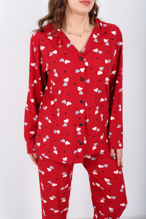 Renkli Kalp Detaylı Bordo Kadın Gömlek Pijama Takım - Berox (1)