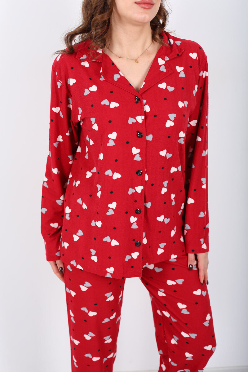 Renkli Kalp Detaylı Bordo Kadın Gömlek Pijama Takım - 2