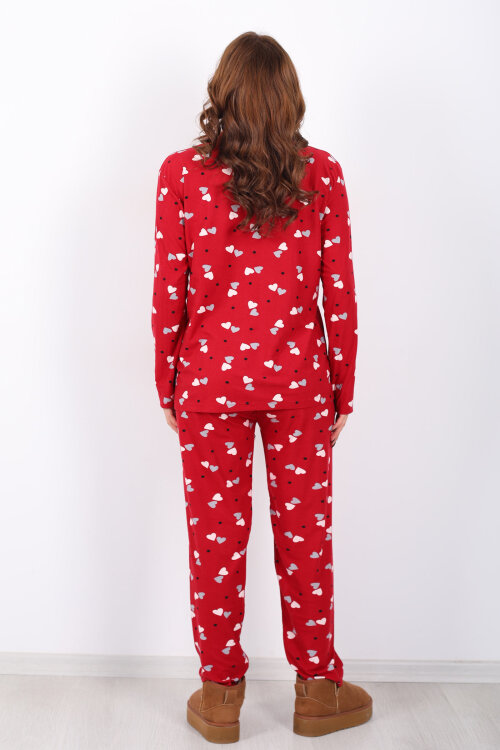 Renkli Kalp Detaylı Bordo Kadın Gömlek Pijama Takım - 6