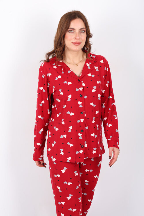 Renkli Kalp Detaylı Bordo Kadın Gömlek Pijama Takım - 4