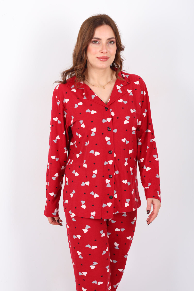 Renkli Kalp Detaylı Bordo Kadın Gömlek Pijama Takım - 4