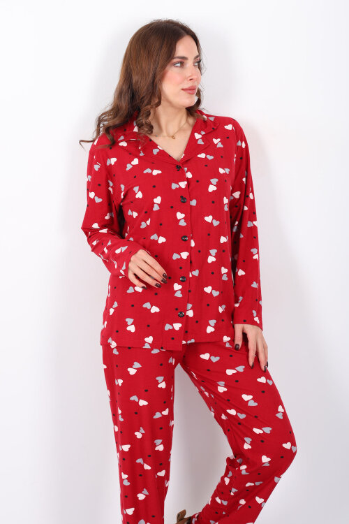 Renkli Kalp Detaylı Bordo Kadın Gömlek Pijama Takım - Berox