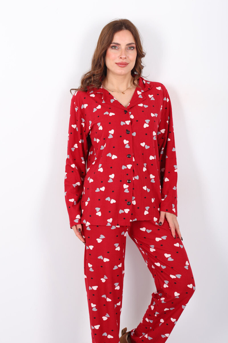 Renkli Kalp Detaylı Bordo Kadın Gömlek Pijama Takım - 7