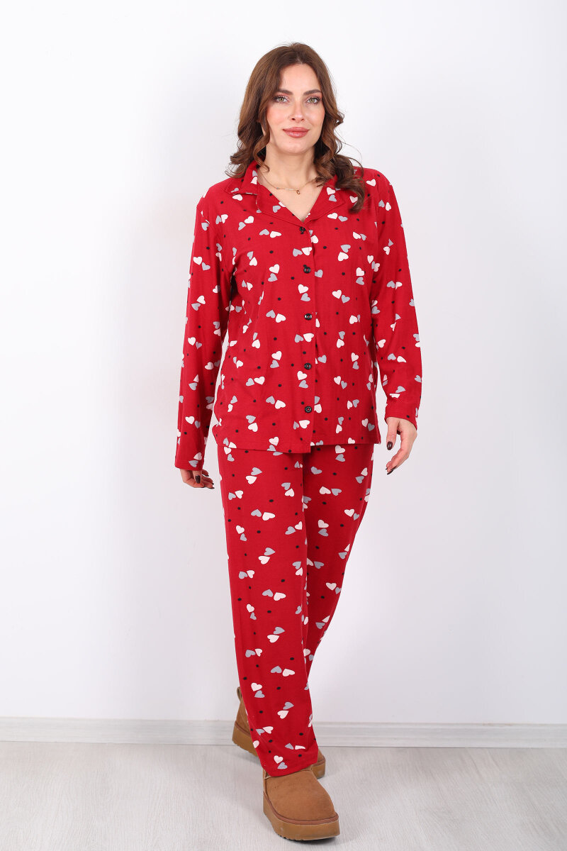 Renkli Kalp Detaylı Bordo Kadın Gömlek Pijama Takım - 3