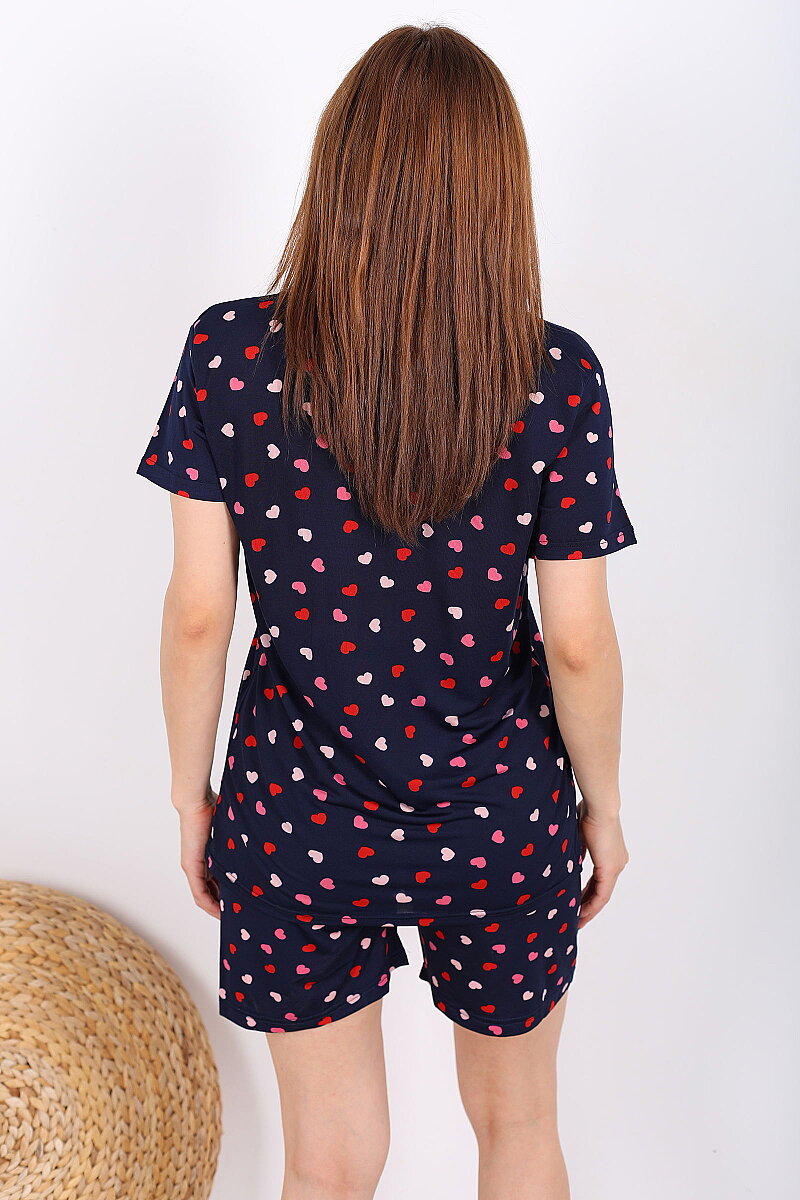 Renkli Kalpli Düğmeli Lacivert Kadın Şortlu Pijama Takımı - 5