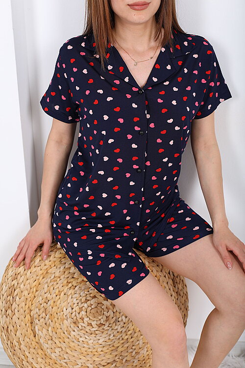 Renkli Kalpli Düğmeli Lacivert Kadın Şortlu Pijama Takımı - Berox (1)