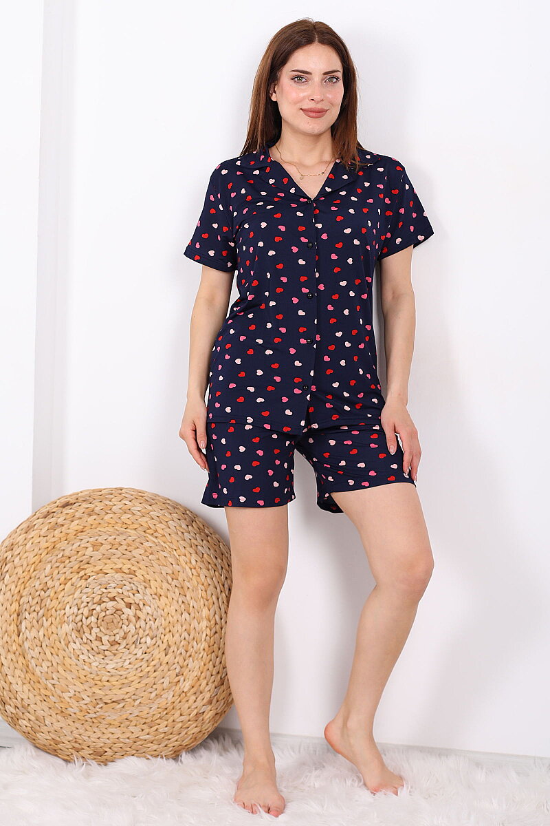 Renkli Kalpli Düğmeli Lacivert Kadın Şortlu Pijama Takımı - 3