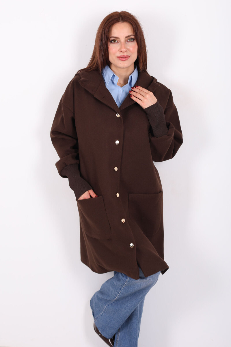 Ribana Kol Düğmeli Oversize Kadın Kahverengi Kapüşonlu Kaban - 1