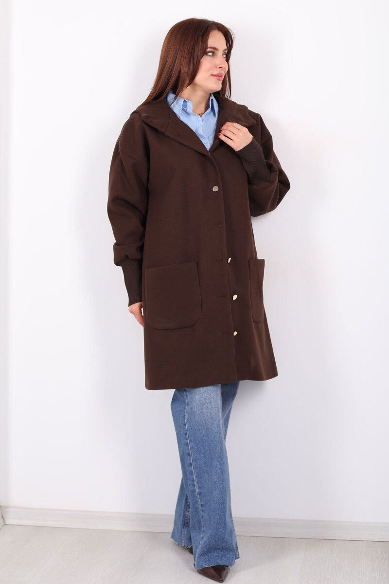 Ribana Kol Düğmeli Oversize Kadın Kahverengi Kapüşonlu Kaban - 3