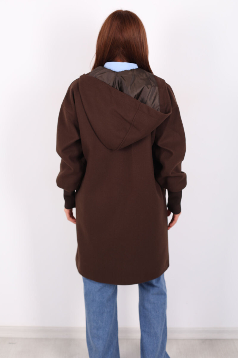 Ribana Kol Düğmeli Oversize Kadın Kahverengi Kapüşonlu Kaban - 5