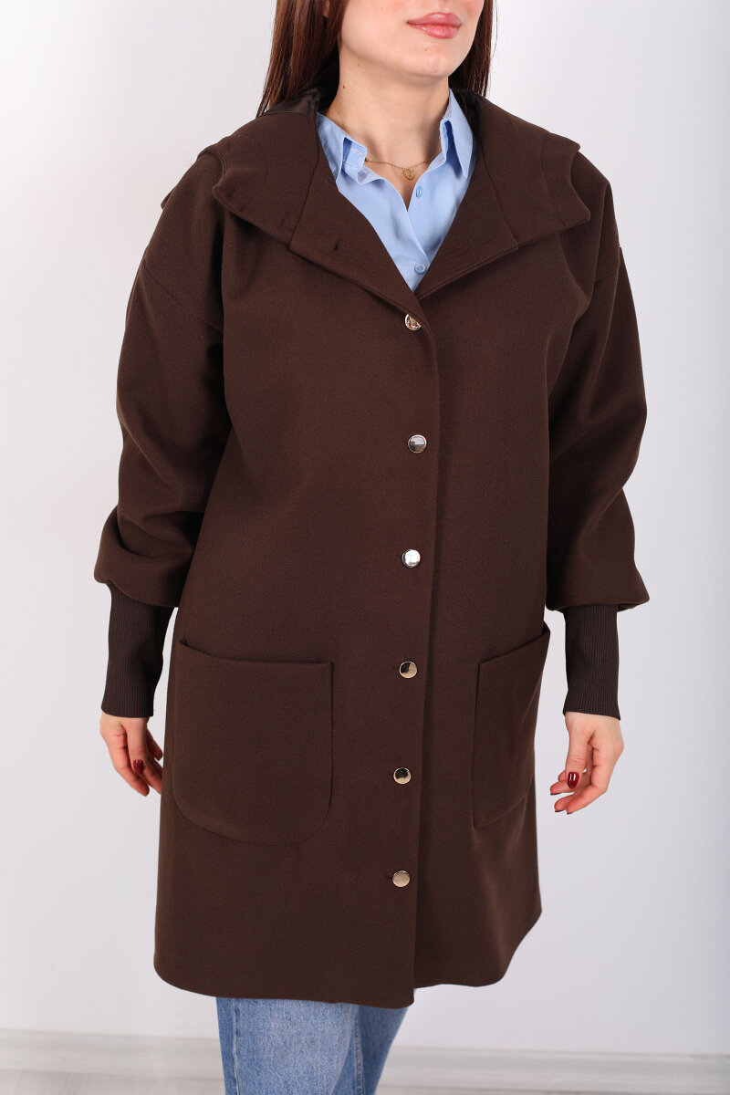 Ribana Kol Düğmeli Oversize Kadın Kahverengi Kapüşonlu Kaban - 2