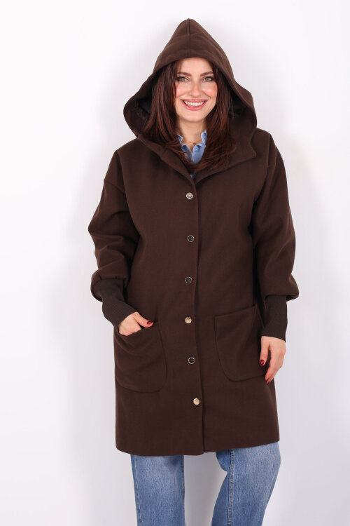 Ribana Kol Düğmeli Oversize Kadın Kahverengi Kapüşonlu Kaban - 4