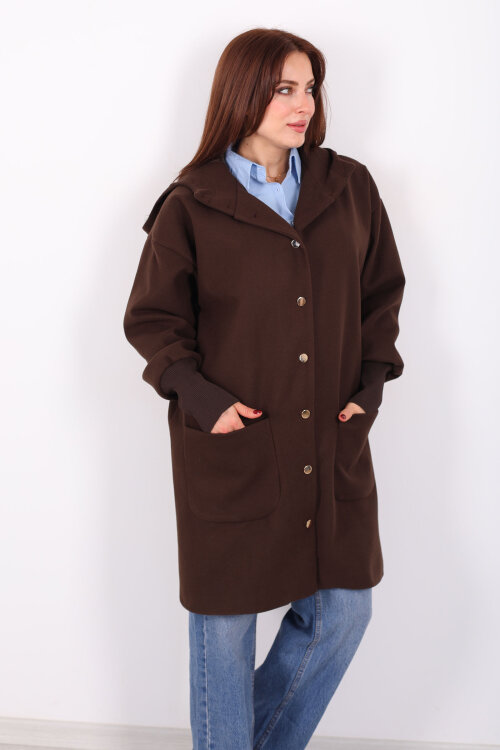 Ribana Kol Düğmeli Oversize Kadın Kahverengi Kapüşonlu Kaban - 6