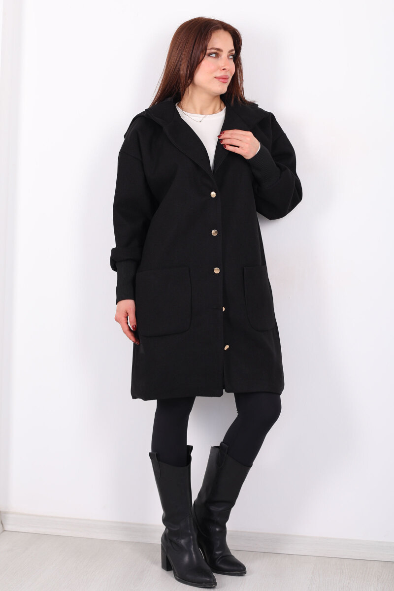 Ribana Kol Düğmeli Oversize Kadın Siyah Kapüşonlu Kaban - 3