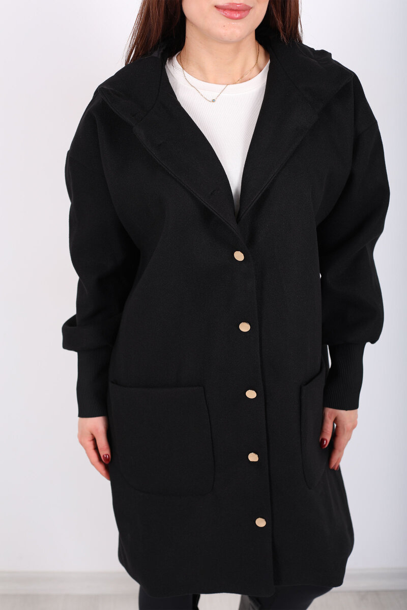 Ribana Kol Düğmeli Oversize Kadın Siyah Kapüşonlu Kaban - 2