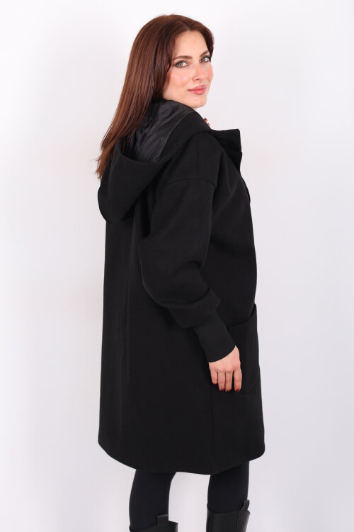 Ribana Kol Düğmeli Oversize Kadın Siyah Kapüşonlu Kaban - 6