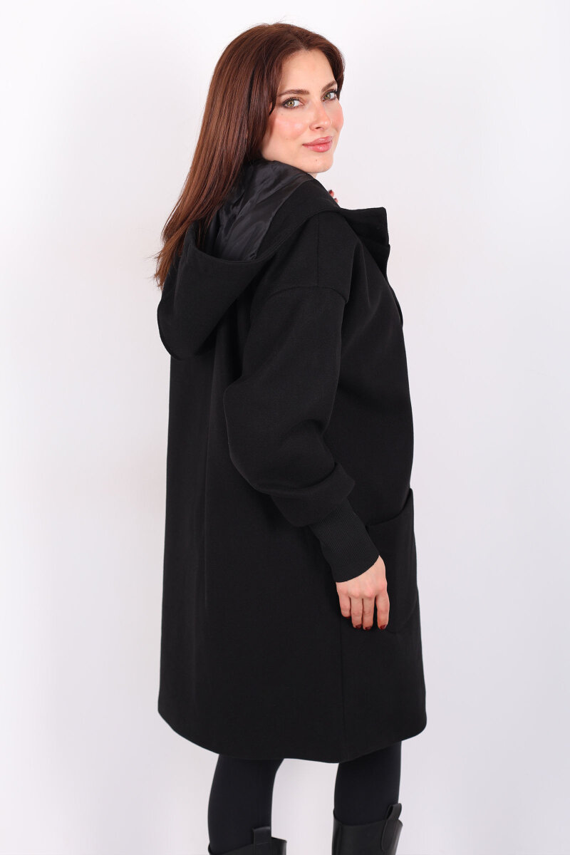 Ribana Kol Düğmeli Oversize Kadın Siyah Kapüşonlu Kaban - 6