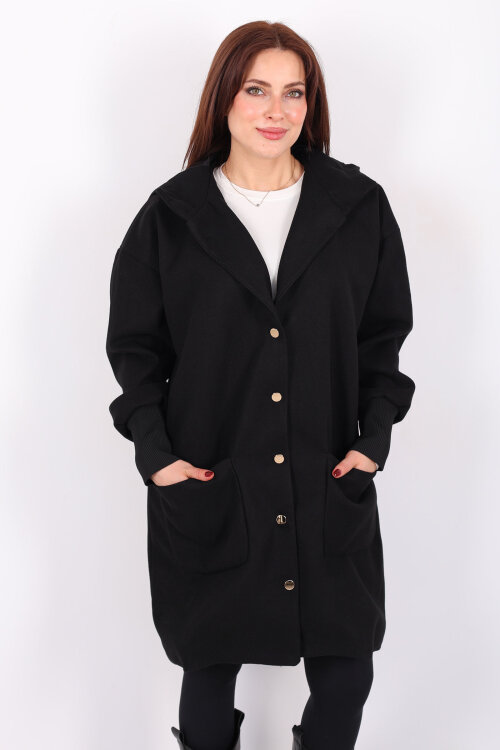 Ribana Kol Düğmeli Oversize Kadın Siyah Kapüşonlu Kaban - 4