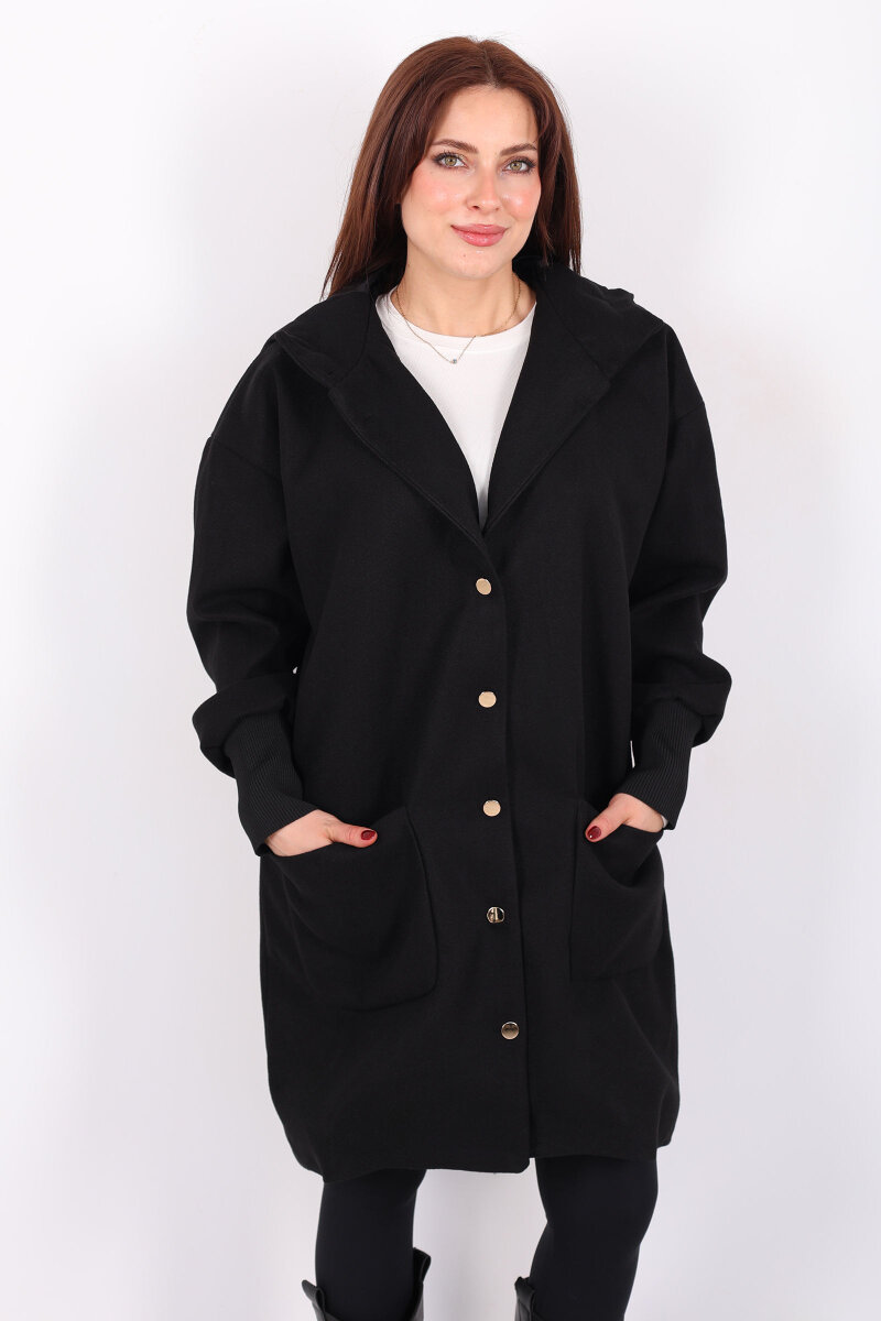 Ribana Kol Düğmeli Oversize Kadın Siyah Kapüşonlu Kaban - 4