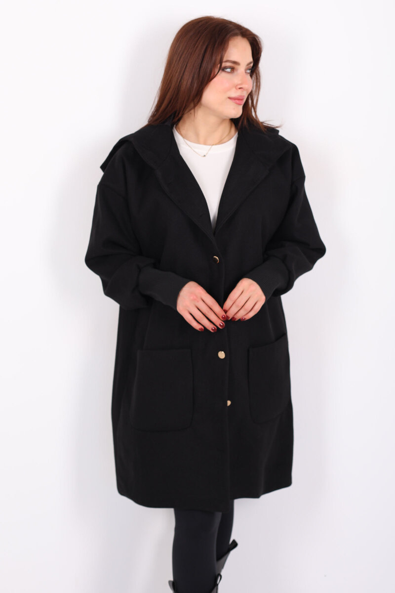 Ribana Kol Düğmeli Oversize Kadın Siyah Kapüşonlu Kaban - 7