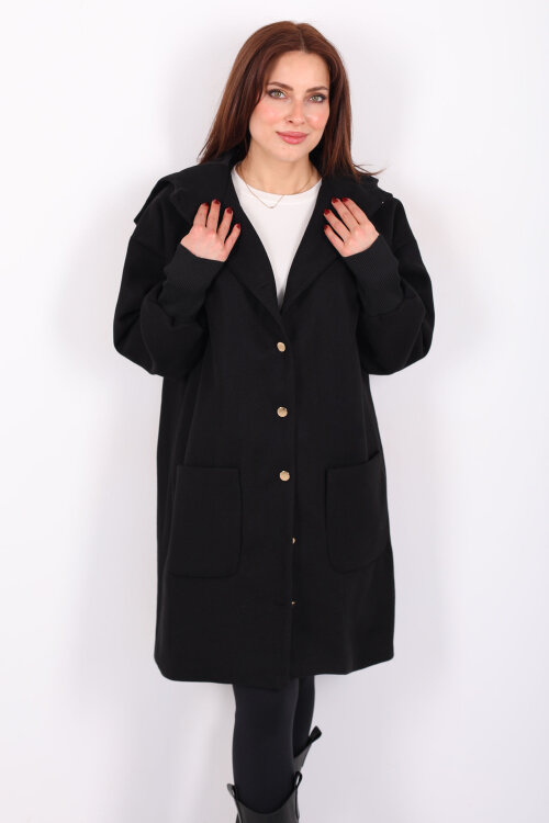 Ribana Kol Düğmeli Oversize Kadın Siyah Kapüşonlu Kaban - Berox