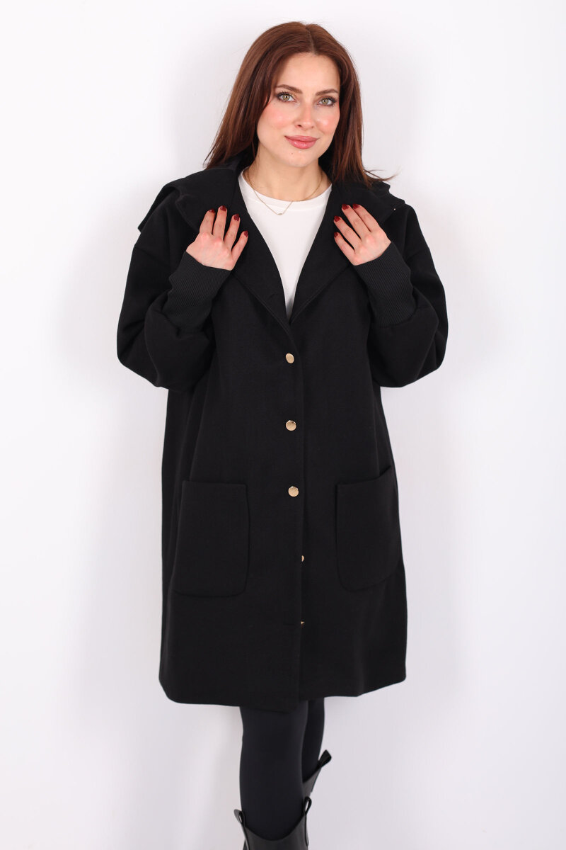 Ribana Kol Düğmeli Oversize Kadın Siyah Kapüşonlu Kaban - 1