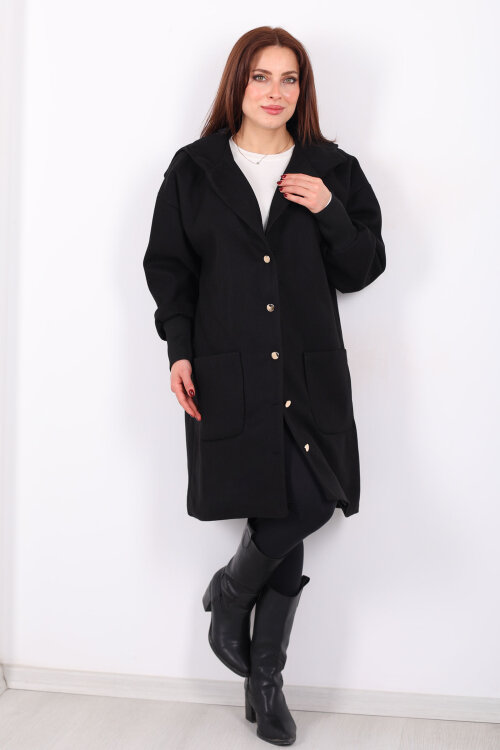 Ribana Kol Düğmeli Oversize Kadın Siyah Kapüşonlu Kaban - 5