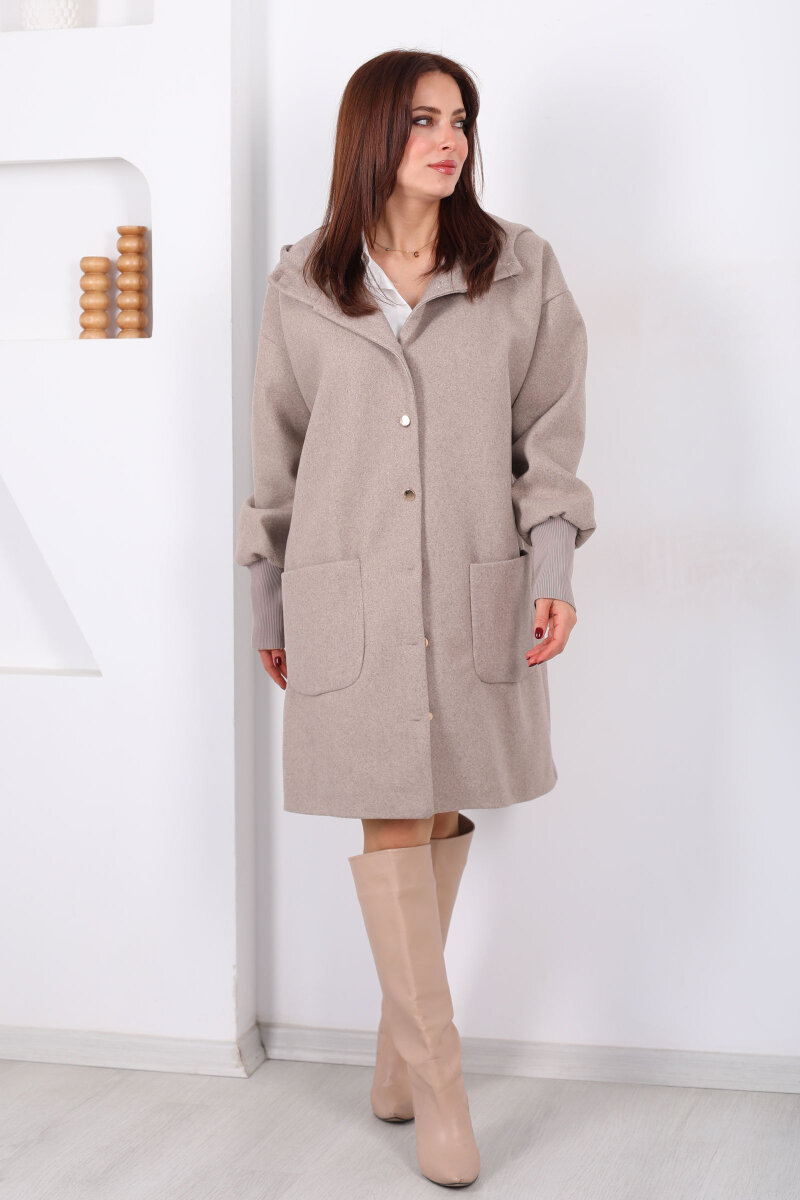 Ribana Kol Düğmeli Oversize Kadın Vizon Kapüşonlu Kaban - 7