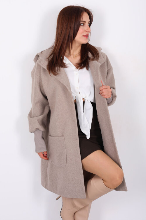 Ribana Kol Düğmeli Oversize Kadın Vizon Kapüşonlu Kaban - 5