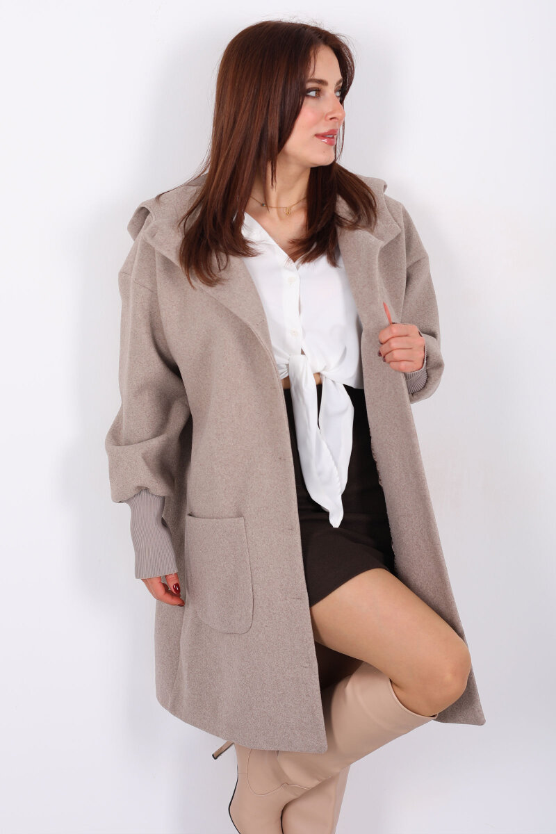 Ribana Kol Düğmeli Oversize Kadın Vizon Kapüşonlu Kaban - 5