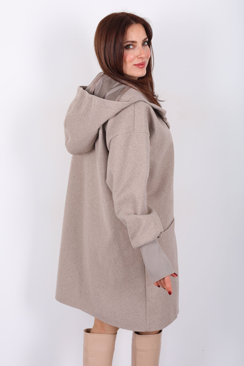 Ribana Kol Düğmeli Oversize Kadın Vizon Kapüşonlu Kaban - 6