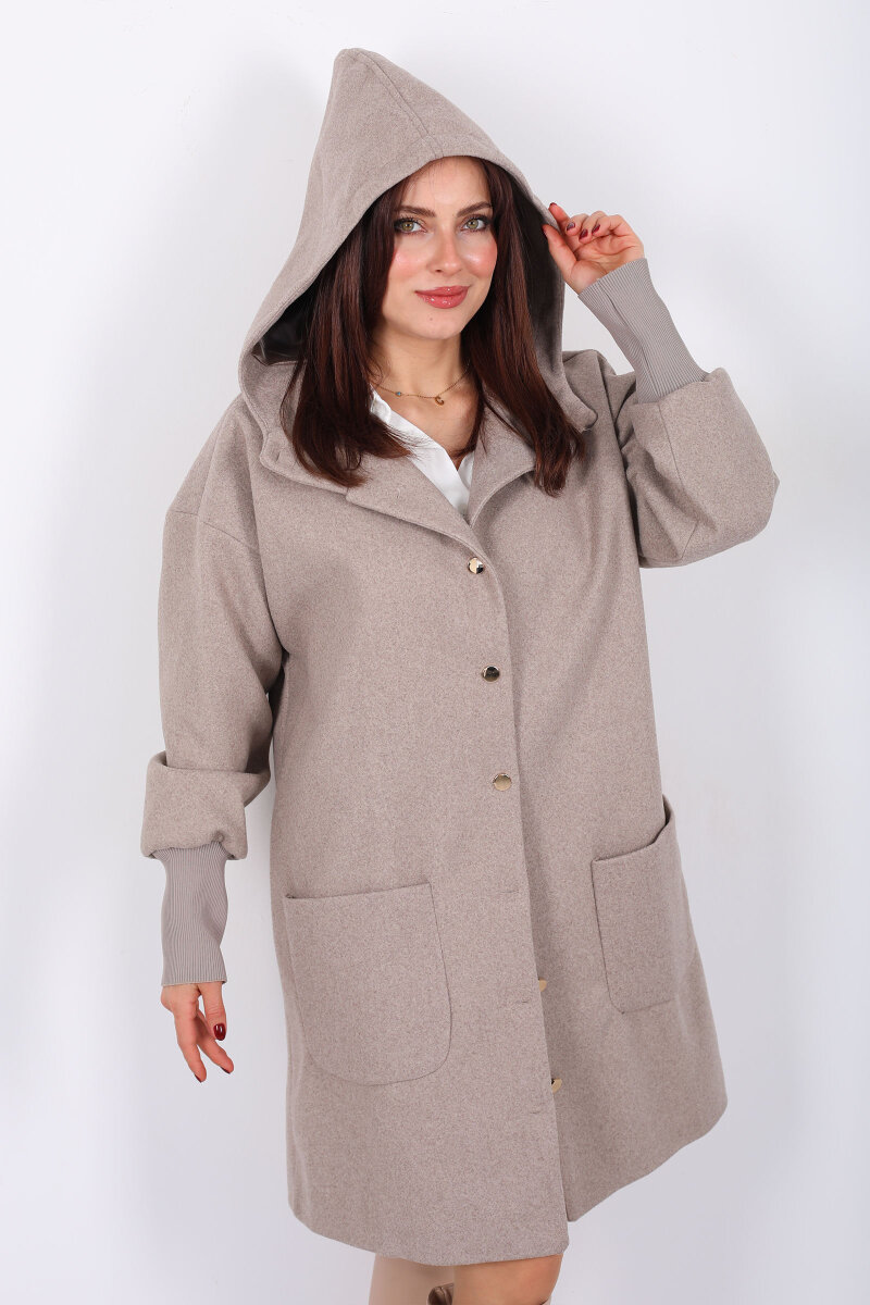 Ribana Kol Düğmeli Oversize Kadın Vizon Kapüşonlu Kaban - 3