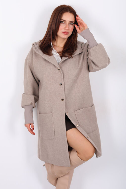 Ribana Kol Düğmeli Oversize Kadın Vizon Kapüşonlu Kaban - Berox