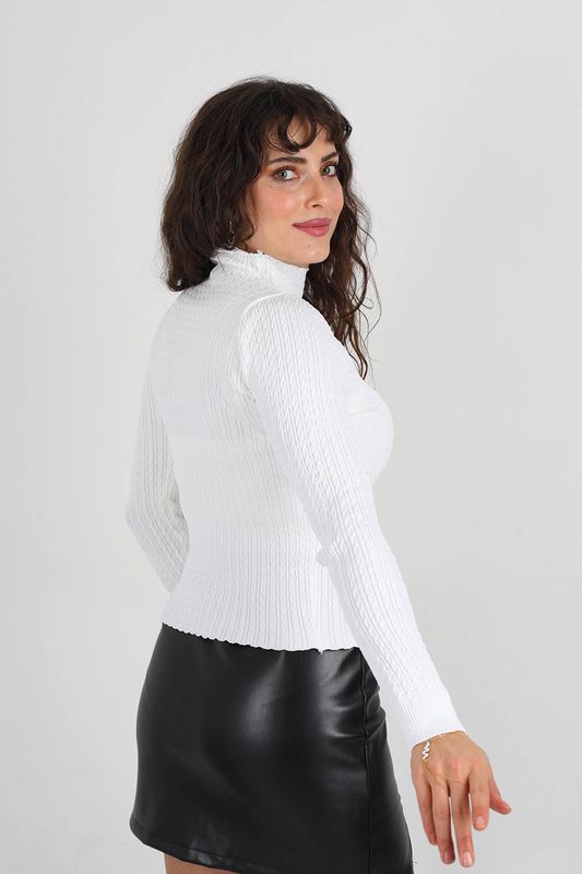 Saç Örgü Dik Yaka Kadın Beyaz Triko Bluz - 4