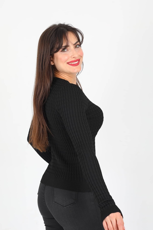 Saç Örgü Kare Yaka Siyah Kadın Triko Bluz - 4