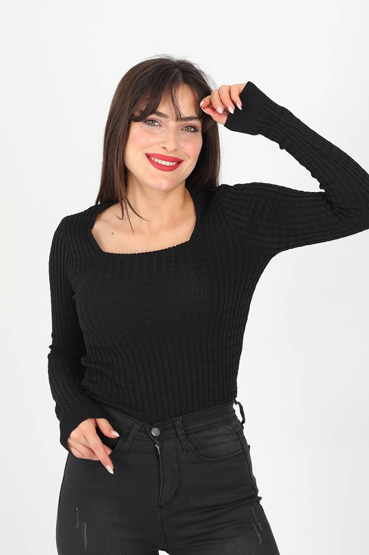 Saç Örgü Kare Yaka Siyah Kadın Triko Bluz - 3