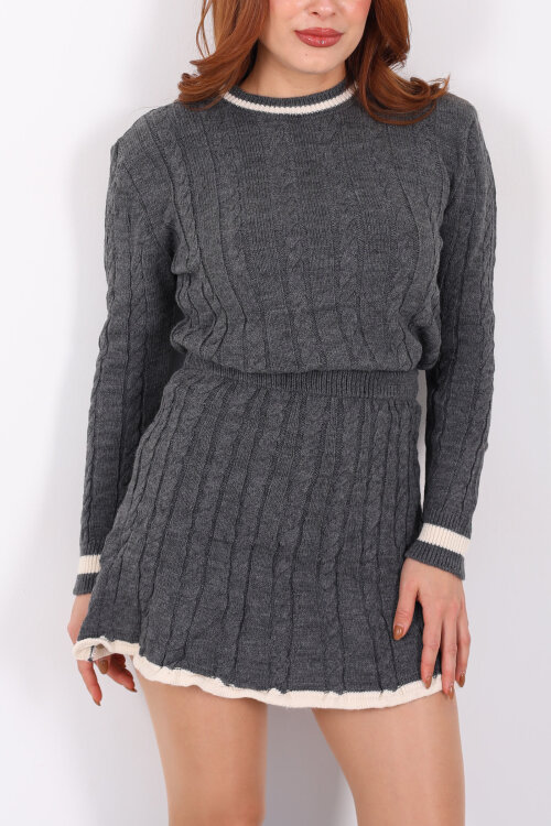 Saç Örgü Şerit Detaylı Antrasit Kadın Triko Etek Takım - Berox (1)