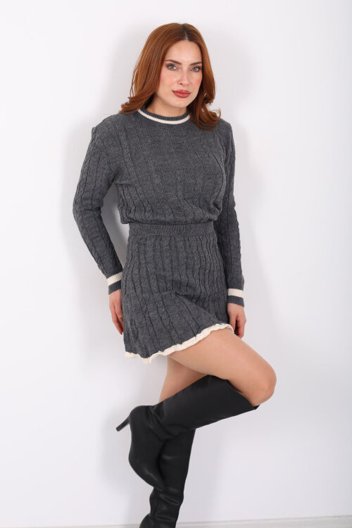 Saç Örgü Şerit Detaylı Antrasit Kadın Triko Etek Takım - 3