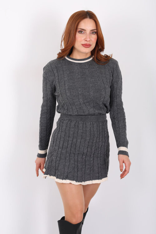 Saç Örgü Şerit Detaylı Antrasit Kadın Triko Etek Takım - 6