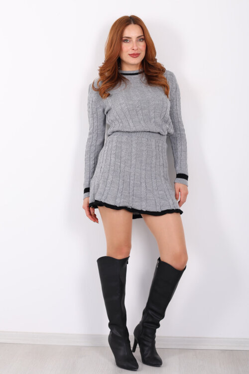 Saç Örgü Şerit Detaylı Gri Kadın Triko Etek Takım - 7