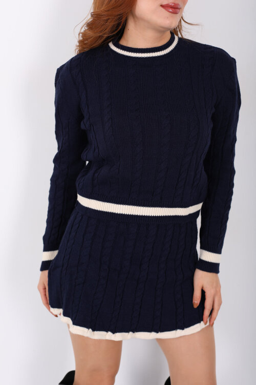 Saç Örgü Şerit Detaylı Lacivert Kadın Triko Etek Takım - Berox (1)