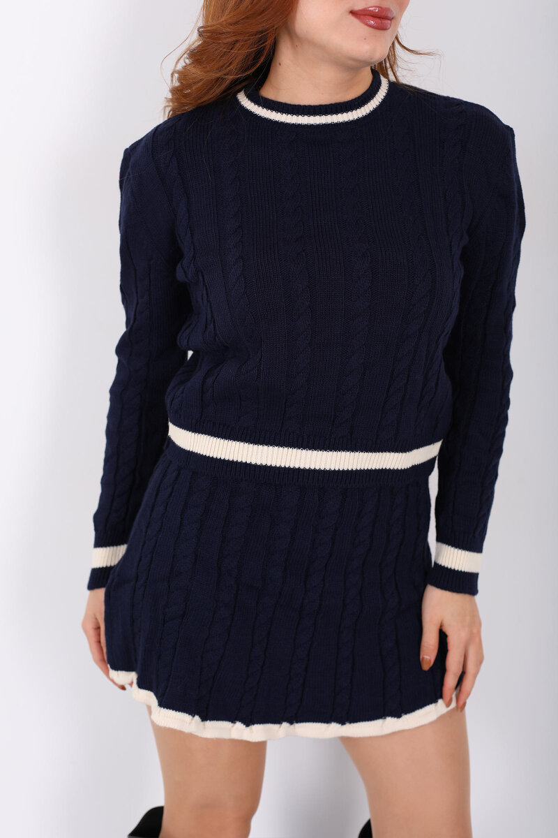 Saç Örgü Şerit Detaylı Lacivert Kadın Triko Etek Takım - 2