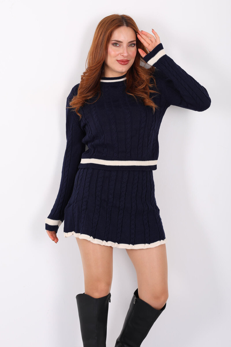 Saç Örgü Şerit Detaylı Lacivert Kadın Triko Etek Takım - 1