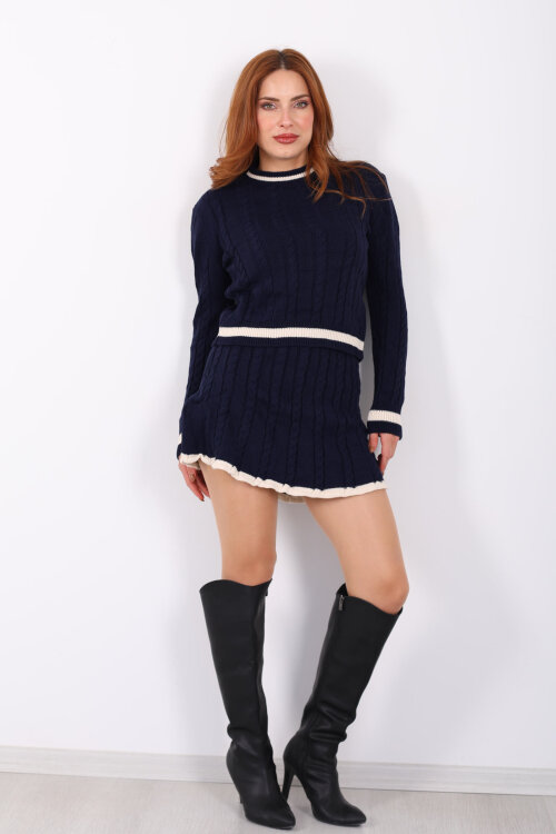 Saç Örgü Şerit Detaylı Lacivert Kadın Triko Etek Takım - 3