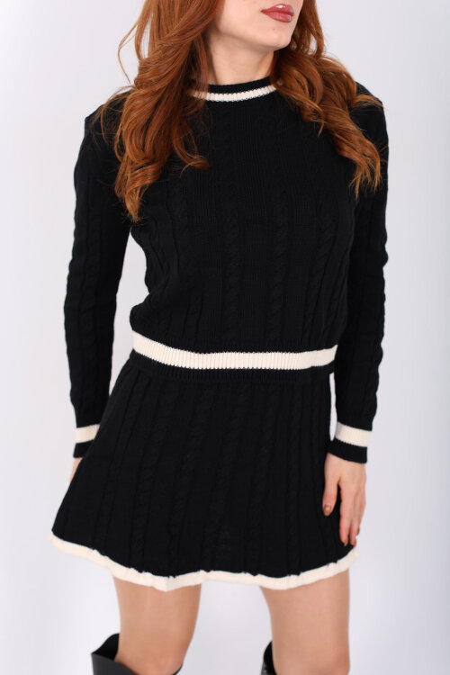 Saç Örgü Şerit Detaylı Siyah Kadın Triko Etek Takım - Berox (1)